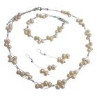 Wedding Bridal Bridesmaid Jewelry Set Peach Freshwater Pearl Wire Necklace Sets w/ Bracelet