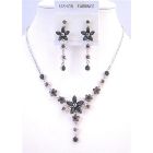 Elegant Beautiful Vintage Necklace Set Jet Crystals & Silver Plated Necklace & Earrings