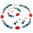 Multi Colored Semi Precious Stone Beads w/ Pearl & Bali Silver Beautiful Necklace Earrings & Bracelet Set