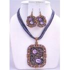 Fabulous Square Copper Pendant Jewelry Set & Simulated Crystal Necklace & Earring w/ Multi String Necklace