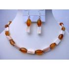 Mother Pearl Shell Jewelry w/ Carnelian Beads Daisy Spacing Necklace & Sterling Silver Earrings