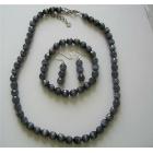 Sterling Silver 8mm Black Cats Eye Stone Bead Beaded Dangle Hook Earrings Stretch Bracelet Necklace Jewelry Set