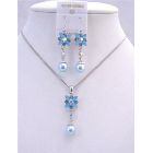Aquamarine Blue Enamel Flower And Rhinestones w/ Cute Flower Pearl Dangling Necklace Set Beautiful Jewelry
