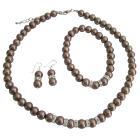 Bronze Brown Pearls Bridesmaide Jewelry Set Simulatd Brown Pearl Necklace Sterling Earring w/ Stretchable Bracelet