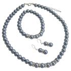 Bridesmaid Pearl Jewelry Set Grey Faux Pearl Necklace Sterling Silver Earring w/ Stretchable Bracelet