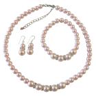 Pink Pearl Jewelry Set Bridal Bridsemaid Faux Pink Pearl Necklace Sterling Silver Earring w/ Stretchable Bracelet