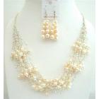 FresshWater Pearl Milky Glass Beads Jewelry Sets Multi Silver strands Necklace w/ Sterling Silver Earrings