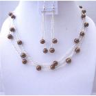 Bridesmaid Bronze Faux Pearl 3 Stranded Handcrafted Necklace w/ Dangling Earrings Jewelry Set
