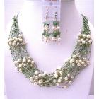 White Freshwater Pearl Green Glass Beads Jewelry Set Multi Stranded Necklace & Dangling Earrings