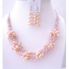 Pink FresshWater Pearl Jewelry Set w/ Glass Beads Multi Silver strands Necklace & Sterling Silver Earrings