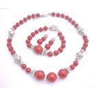 Coral Jewelry Set Ethnic Traditional Bali Silver Coral Round Beads Necklace Earrings & Bracelet Coral Jewelry Set