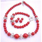 Traditional Coral Jewelry Set Necklace Earrings & Bracelet Bali Silver Spacer Coral Jewelry
