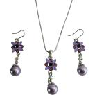 Purple Amethyst Wedding Jewelry Set Purple Enamel Flower Necklace Set w/ Pearl Dangling Set Beautiful Affordable Jewelry