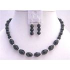 Custom Black Faceted Round Beads with Oval Faceted Beads Necklace Set w/ Silver Spacing & Sterling Silver Earrings