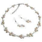 Soft Delicate Bridal Bridesmaid Wedding Jewelry Peach Freshwater Pearls & Ivory Pearls Necklce Set Interwoven Necklace Set w/ Dangling Earrings