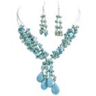 Turquoise Stones Interwoven In 5 Stranded Matching Silk Thread Drop Down Sterling Silver Earrings Necklace Set