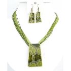 Olivine Green Enameled Self Designed Necklace Set Dainty Rhinestones