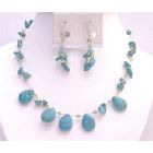 Necklace Set In Turquoise Nugget Chips with Teardrops with Peridot 4mm Swarovski Crystals Bridesmaid Jewelry