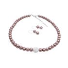 Nickle Free Jewelry Bronze Brown Pearl with Cubic Zircon Pave Ball Pendant Necklace Earrings Set