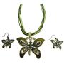 Olivine Rhinestones Green Enamaled Butterfly Necklace Set
