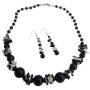 Glass Beads Black & White Cracked Beads w/ Black Pearls Necklace Set