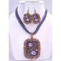 Fabulous Square Copper Pendant Jewelry Set & Simulated Crystal Necklace & Earring w/ Multi String Necklace