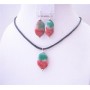 Fancy Agate Stone Oval Pendant & Earrings Sets w/ Black Chord Velvet Jewelry Set