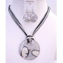 Grey Round Pendant Jewelry Necklace Black & White Thread Necklace Set