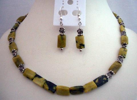 Apple Green w/ Matrix Rectangular Turquoise Beads Custom Handcrafted Jewelry Necklace Set w/ Bali Oxidized Spacing