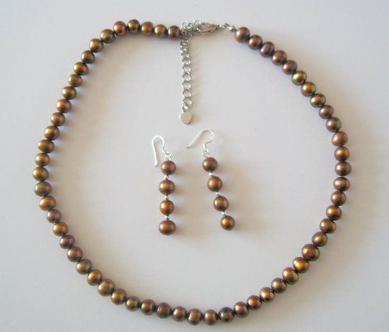 Brown Metallic Round Freshwater Pearls Necklace Set Custom Handcrafted Jewelry