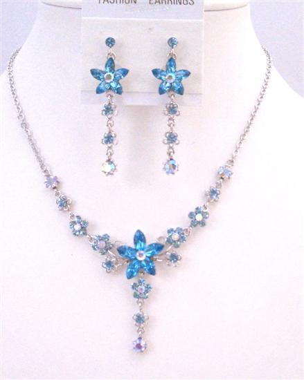 Aquamarine Flower Vintage Necklace Set Aquamarine Blue Crystals Wedding Gift