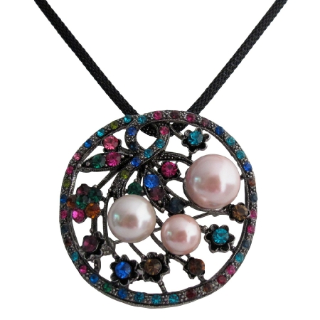 Floral Round Pendant with Muli Colored Crystals Necklace