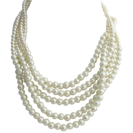 Ivory Pearl 5 Strand Necklace Twisted Vintage 1960s Design