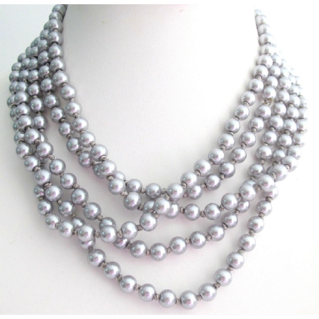 Hand Knotted 100 Inches Long Silver Grey Pearl Necklace Statement