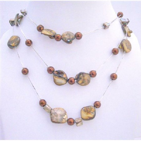 Three Stranded Brown Shell w/ Brown Simulated Pearls Chunky Necklace
