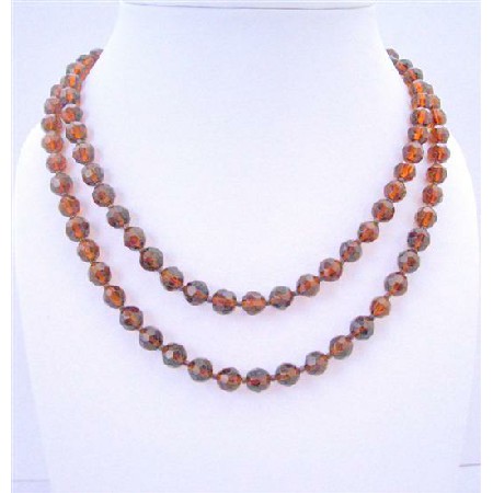 50 Inches Long Necklace Dark Smoked Topaz Simulated Crystal Round Bead