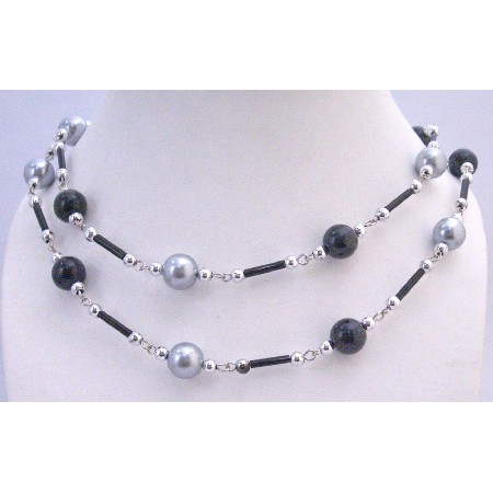 Affordable Grey Black Pearl Long Summer Necklace Fancy Beads 56 Inches
