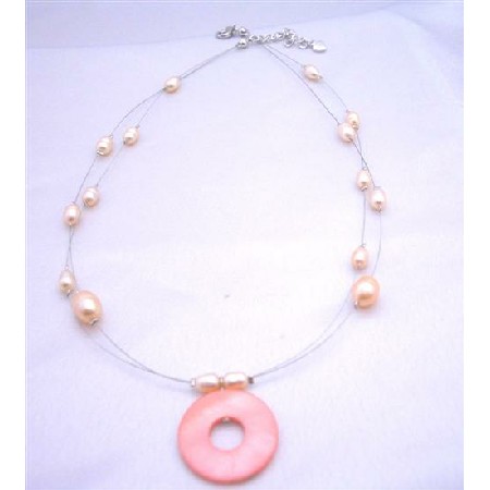 Double Stranded Necklace Freshwater Pearl Pink / Peach Shell Pendant