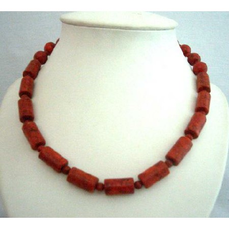 Coral Red Cylindrical Beads Handcrafted Fine Jewelry Necklace