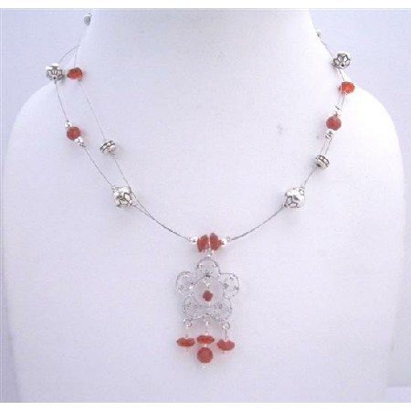 Handmade Red Bali Silver Beaded Wire Necklace Double Stranded Necklace