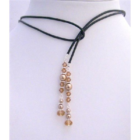 Handcrafted Lariat Necklace Bronze Pearls & Smoked Topaz Crystals