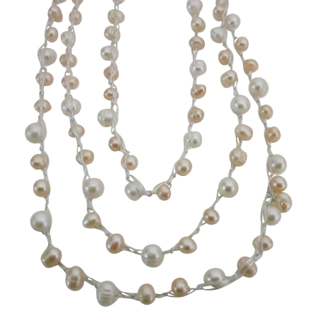 Freshwater Pearls Long Necklace 68 Inches White Peach Freshwater Pearl