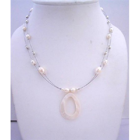 Cream Shell Pendant Freshwater Pearls Double Stranded Wire Necklace