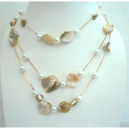 3 Strands Shell & Pearl White Shell & Simulated Pearl Long Necklace