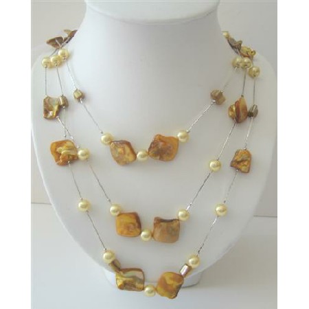 Shell & Pearl Lemon Shell & Simulated Yellow Pearl 26 Inches Necklace