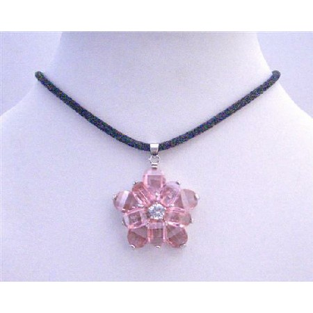 Sunflower Pink Crystal Flower Pendant w/ Black Velvet Cord Necklace