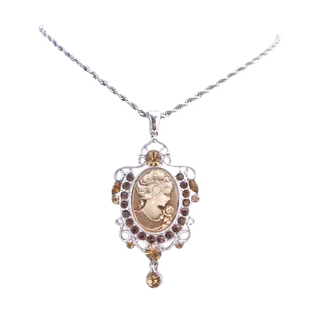 Victorian Lady Cameo Pendant w/ Austrian Smoked Topaz Crystal Necklace