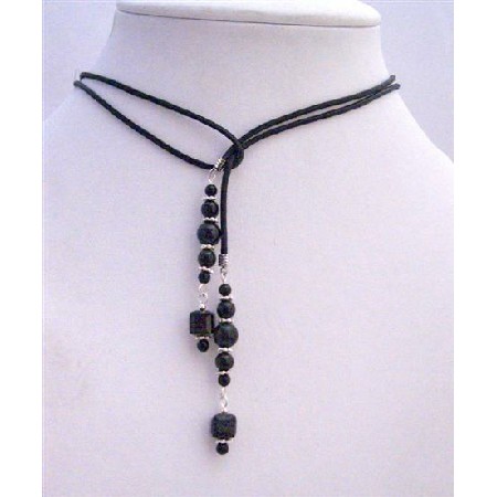 Lariat Necklace Swarovski Mystic Pearls & Jet Crystals Leather Cord