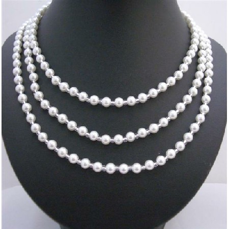 White Faux Pearls Long Necklace w/ Glass Beads 58 Inches long Necklace