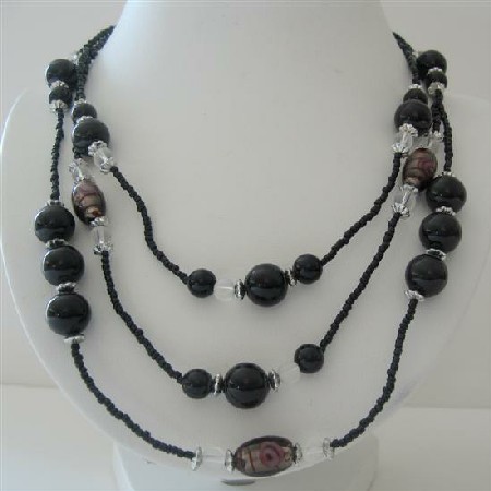 Black Pearl Three Stranded Beaded Necklace Millefiori Painted Beads